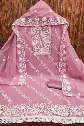 Women's pink thread embroidery chanderi cotton dress material