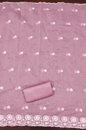 Women's pink thread embroidery chanderi cotton dress material
