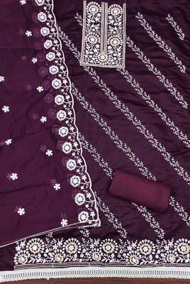 Women's purple thread embroidery chanderi cotton dress material 1