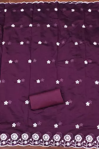 Women's purple thread embroidery chanderi cotton dress material