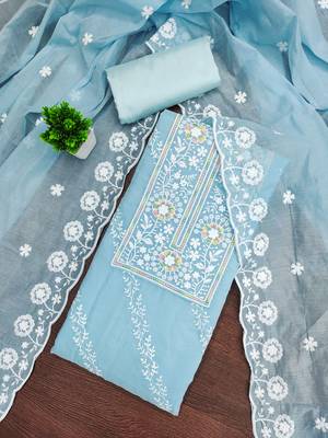 Women's sky blue thread embroidery chanderi cotton dress material 1
