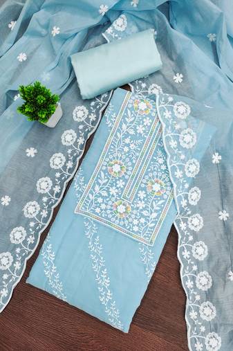 Women's sky blue unstitched thread embroidery chanderi cotton dress material (cp9101sbl)