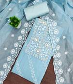 Women's sky blue thread embroidery chanderi cotton dress material