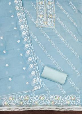 Women's sky blue thread embroidery chanderi cotton dress material 2