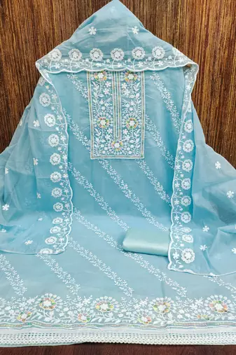Women's sky blue thread embroidery chanderi cotton dress material