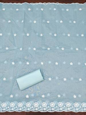 Women's sky blue thread embroidery chanderi cotton dress material 4