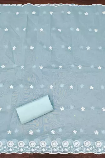 Women's sky blue thread embroidery chanderi cotton dress material