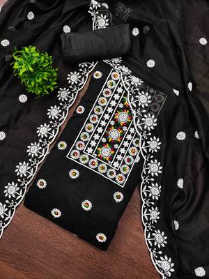 Women's black heavy thread embroidery chanderi cotton dress material 4