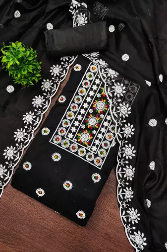 Women's black heavy thread embroidery chanderi cotton dress material
