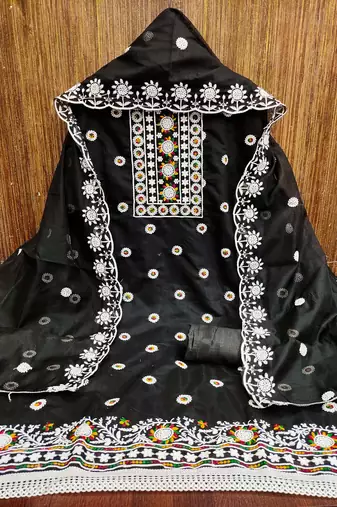 Women's black heavy thread embroidery chanderi cotton dress material
