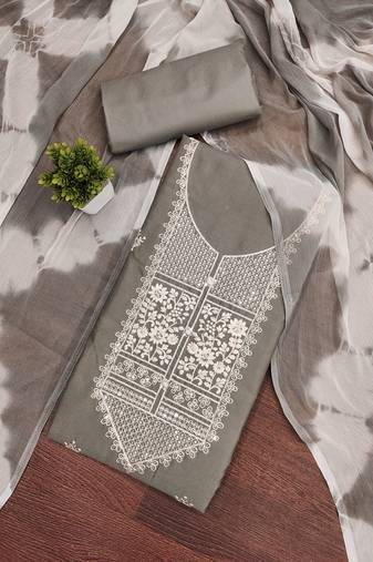 Women's grey unstitched thread embroidery pc cotton dress material (cp9102gry)
