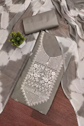 Women's grey unstitched thread embroidery pc cotton dress material (cp9102gry)