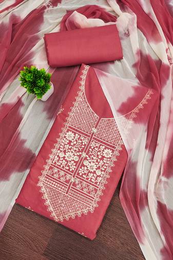 Women's pink unstitched thread embroidery pc cotton dress material (cp9102pnk)