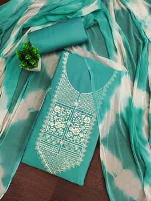 Women's sea green thread embroidery pc cotton dress material 1