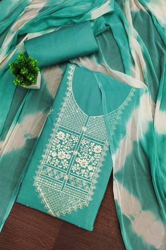 Women's sea green unstitched thread embroidery pc cotton dress material (cp9102sgn)
