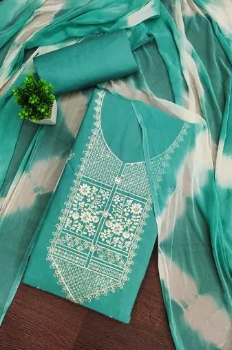 Women's sea green unstitched thread embroidery pc cotton dress material (cp9102sgn)