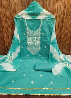 Women's sea green thread embroidery pc cotton dress material 3