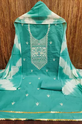 Women's sea green thread embroidery pc cotton dress material