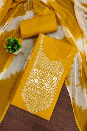 Women's yellow unstitched thread embroidery pc cotton dress material (cp9102ylw)