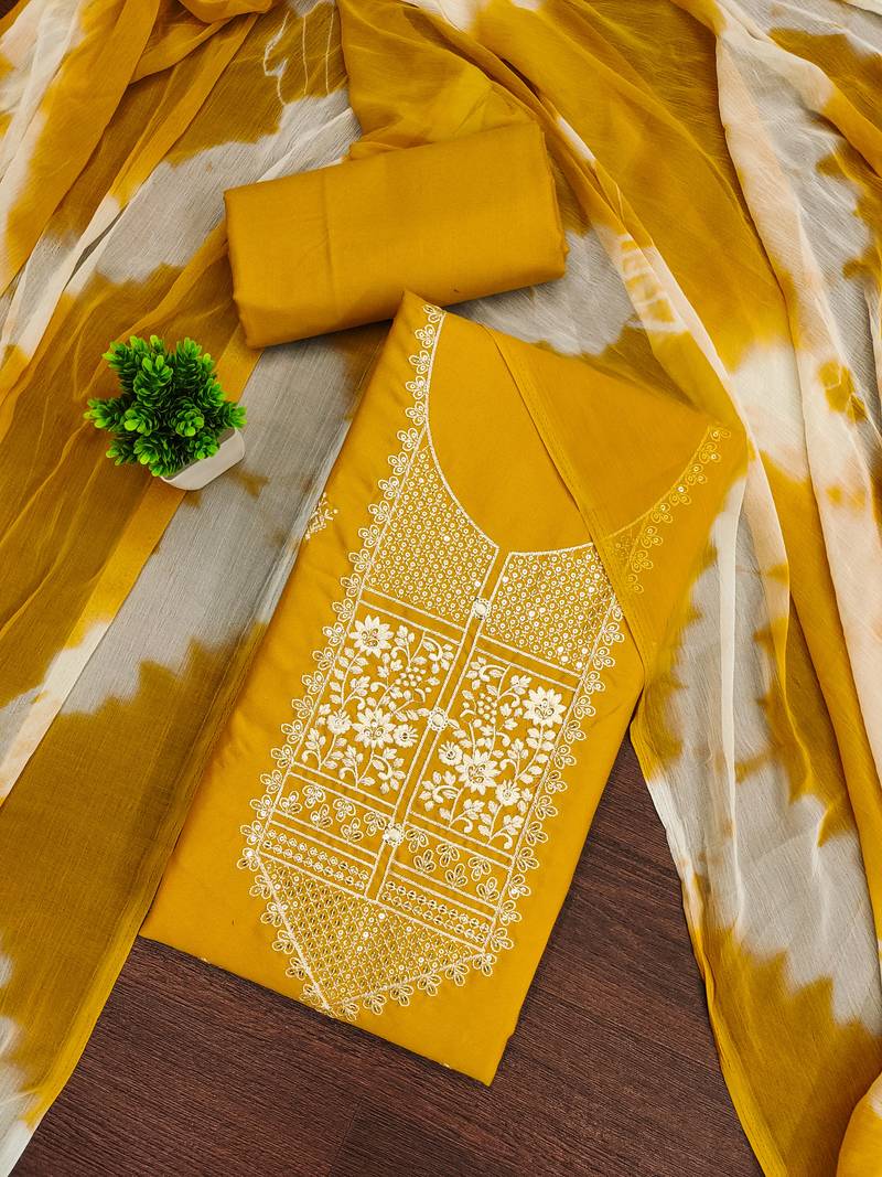 Women's yellow unstitched thread embroidery pc cotton dress material (cp9102ylw)
