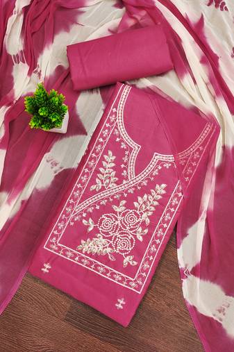 Women's pink unstitched thread sequence embroidery pc cotton dress material (cp9103pnk)