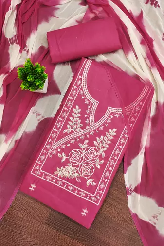 Women's pink unstitched thread sequence embroidery pc cotton dress material (cp9103pnk)