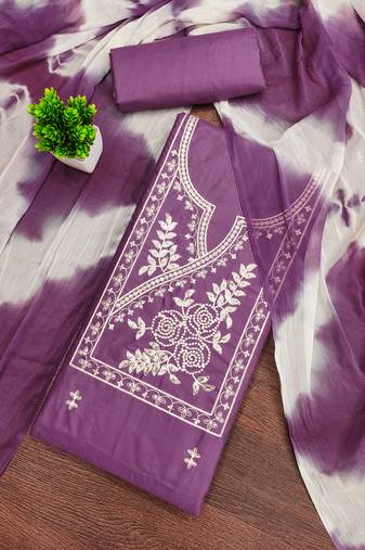 Women's purple unstitched thread sequence embroidery pc cotton dress material (cp9103ppl)