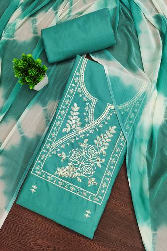 Women's sea green unstitched thread sequence embroidery pc cotton dress material (cp9103sgn)