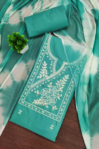 Women's sea green unstitched thread sequence embroidery pc cotton dress material (cp9103sgn)