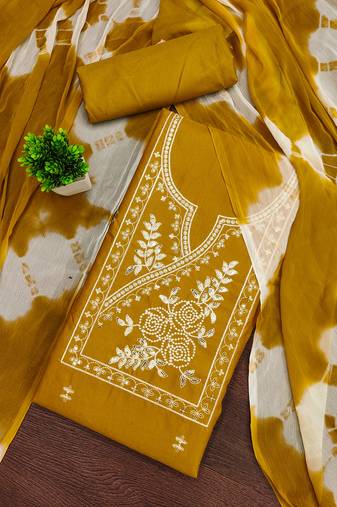 Women's yellow unstitched thread sequence embroidery pc cotton dress material (cp9103ylw)