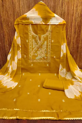 Women's yellow thread sequence embroidery pc cotton dress material