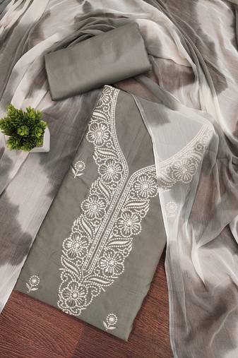 Women's grey unstitched thread sequence embroidery pc cotton dress material (cp9104gry)