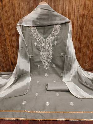 Women's grey thread sequence embroidery pc cotton dress material 3