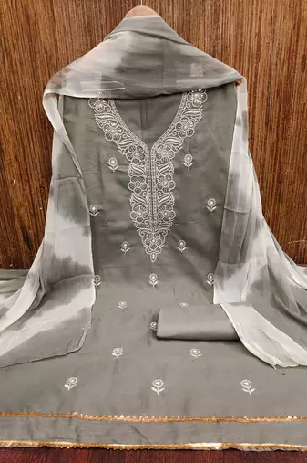 Women's grey thread sequence embroidery pc cotton dress material