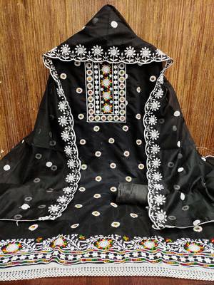 Women's black heavy thread embroidery chanderi cotton dress material 6