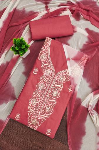 Women's pink unstitched thread sequence embroidery pc cotton dress material (cp9104pnk)