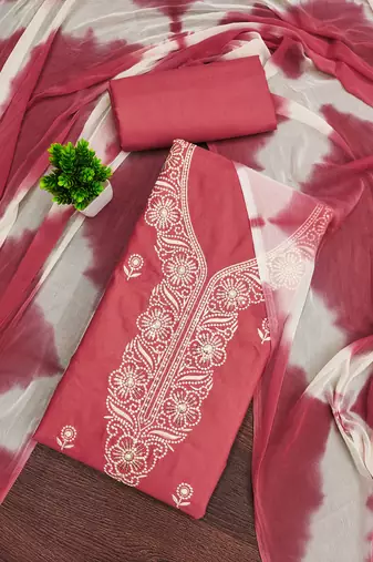 Women's pink unstitched thread sequence embroidery pc cotton dress material (cp9104pnk)