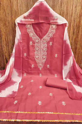 Women's pink thread sequence embroidery pc cotton dress material