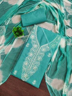 Women's sea green thread sequence embroidery pc cotton dress material 1