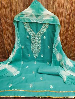 Women's sea green thread sequence embroidery pc cotton dress material 3