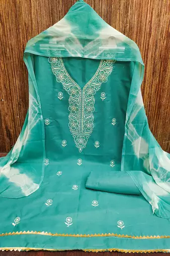 Women's sea green thread sequence embroidery pc cotton dress material