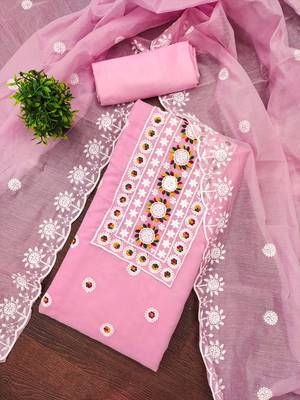 Women's pink heavy thread embroidery chanderi cotton dress material 2