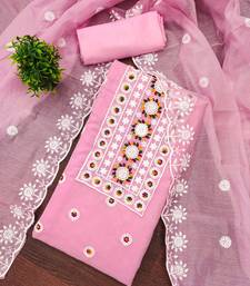 Women's pink heavy thread embroidery chanderi cotton dress material