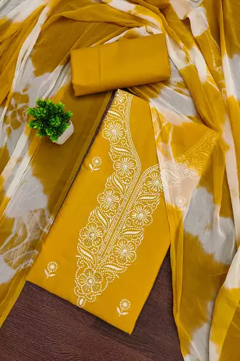 Women's yellow unstitched thread sequence embroidery pc cotton dress material (cp9104ylw)