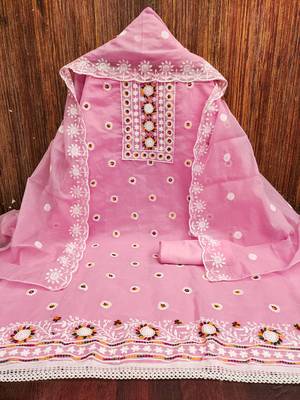 Women's pink heavy thread embroidery chanderi cotton dress material 3