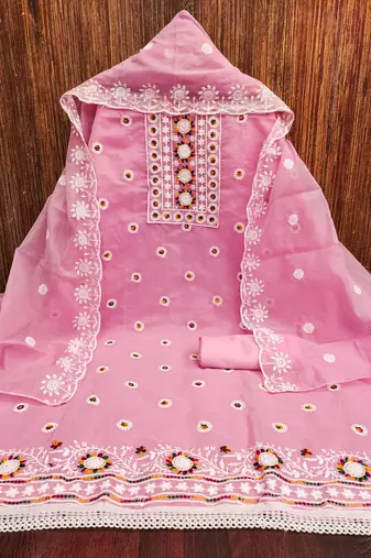 Women's pink heavy thread embroidery chanderi cotton dress material