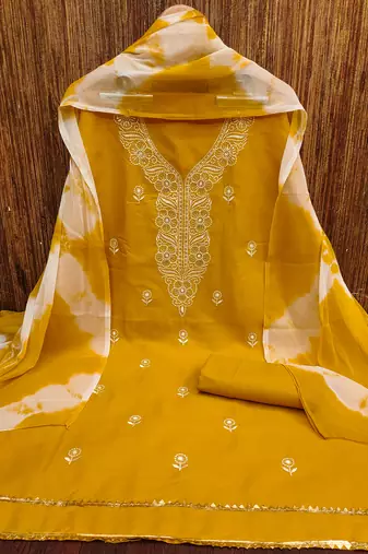 Women's yellow thread sequence embroidery pc cotton dress material