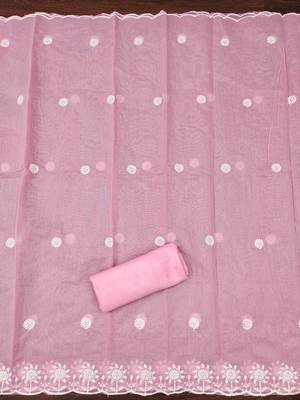 Women's pink heavy thread embroidery chanderi cotton dress material 4