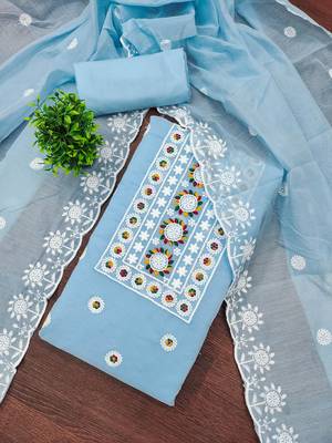 Women's sky blue heavy thread embroidery chanderi cotton dress material 2
