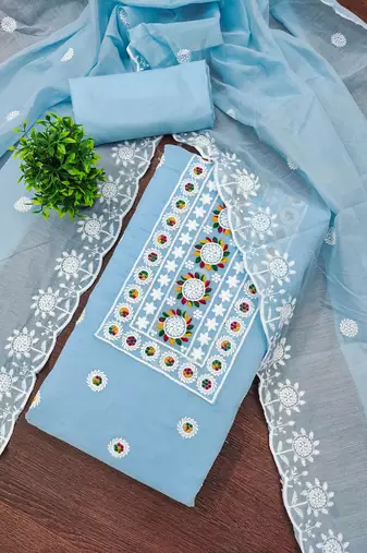 Women's sky blue unstitched heavy thread embroidery chanderi cotton dress material (cp9096sbl)